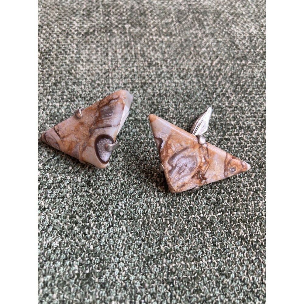 Vintage Swank Triangular Stone Cufflinks – Jasper Agate Look – Silver Tone – MCM